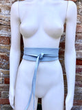 Light blue leather waist belt. Wide wrap belt in BLUE. Genuine leather. Sky blue leather obi belt. Blue wraparound belt