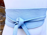 Light blue leather waist belt. Wide wrap belt in BLUE. Genuine leather. Sky blue leather obi belt. Blue wraparound belt