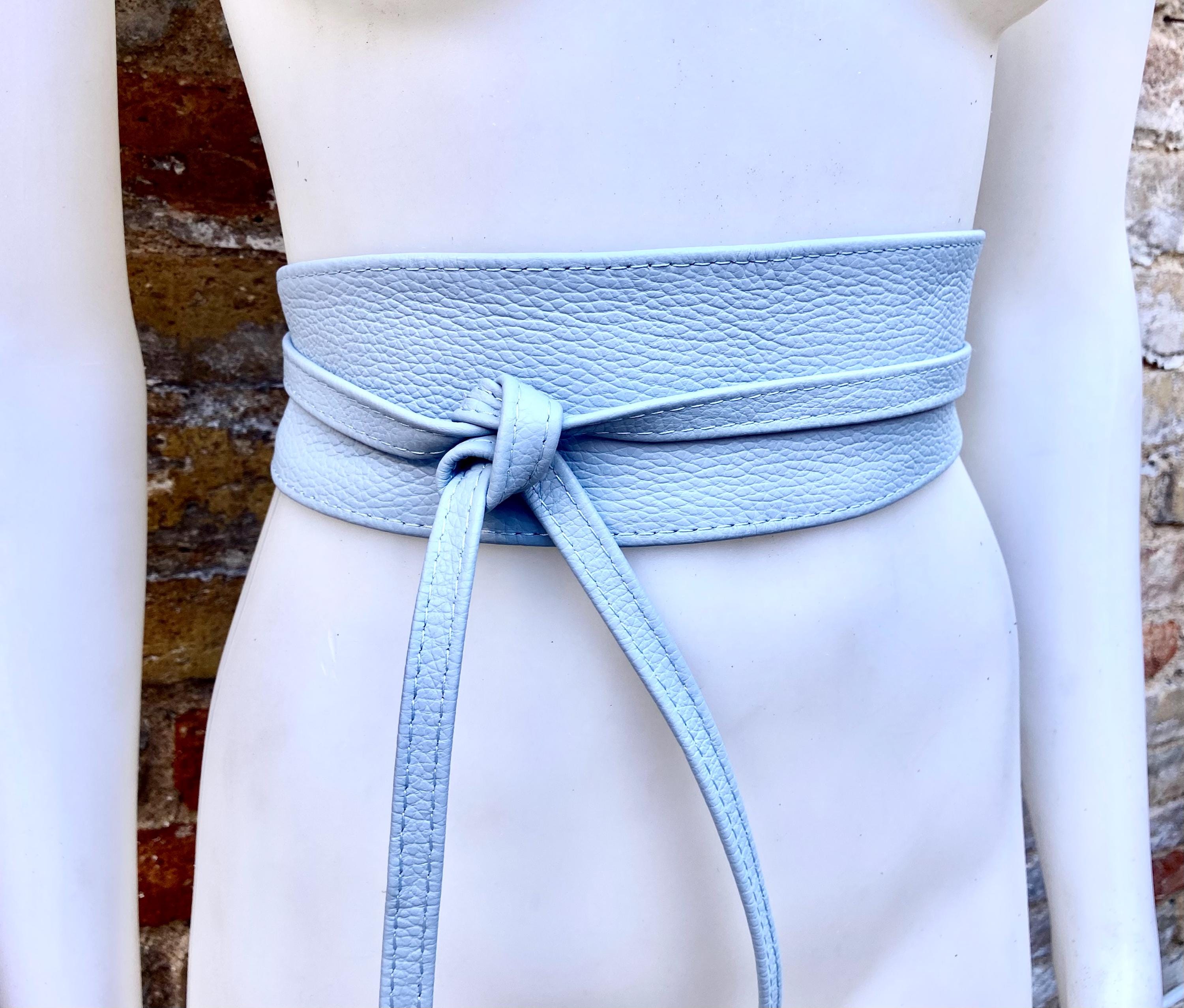 Light blue leather waist belt. Wide wrap belt in BLUE. Genuine leather. Sky blue leather obi belt. Blue wraparound belt