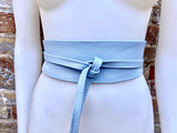 Light blue leather waist belt. Wide wrap belt in BLUE. Genuine leather. Sky blue leather obi belt. Blue wraparound belt