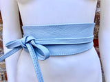 Light blue leather waist belt. Wide wrap belt in BLUE. Genuine leather. Sky blue leather obi belt. Blue wraparound belt