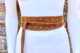 Camel brown suede OBI belt with gold tacks. Genuine soft suede, waist belt, boho dress belt. Wraparound wide belt, tan brown studded belt