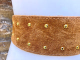 Camel brown suede OBI belt with gold tacks. Genuine soft suede, waist belt, boho dress belt. Wraparound wide belt, tan brown studded belt