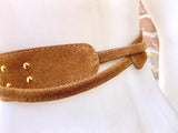 Camel brown suede OBI belt with gold tacks. Genuine soft suede, waist belt, boho dress belt. Wraparound wide belt, tan brown studded belt