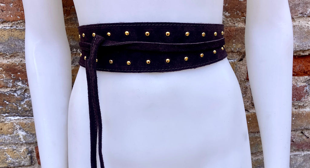 Dark brown suede OBI belt with tacks. Genuine soft suede, waist belt, boho dress belt. Wraparound wide belt, Chocolate brown studded belt