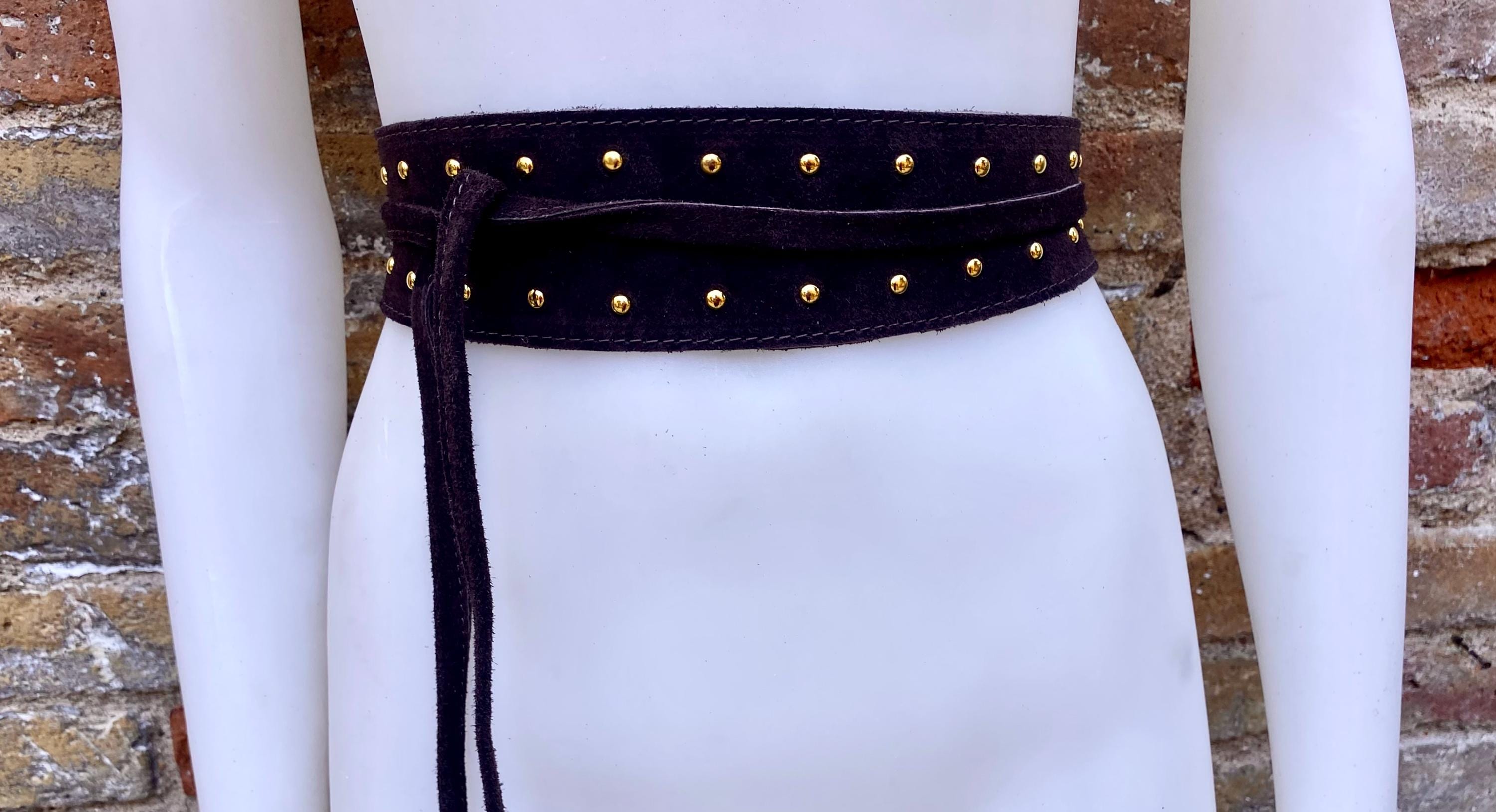 Dark brown suede OBI belt with tacks. Genuine soft suede, waist belt, boho dress belt. Wraparound wide belt, Chocolate brown studded belt