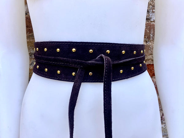 Dark brown suede OBI belt with tacks. Genuine soft suede, waist belt, boho dress belt. Wraparound wide belt, Chocolate brown studded belt