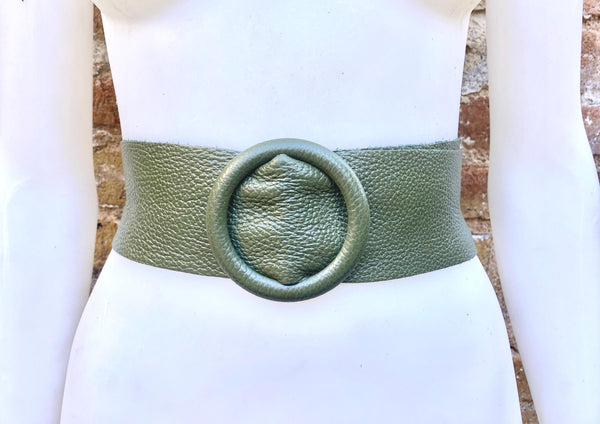 Khaki GREEN leather waist belt with large round buckle. Soft leather belt in dark green. Genuine leather green dress belt. Wide waist belt
