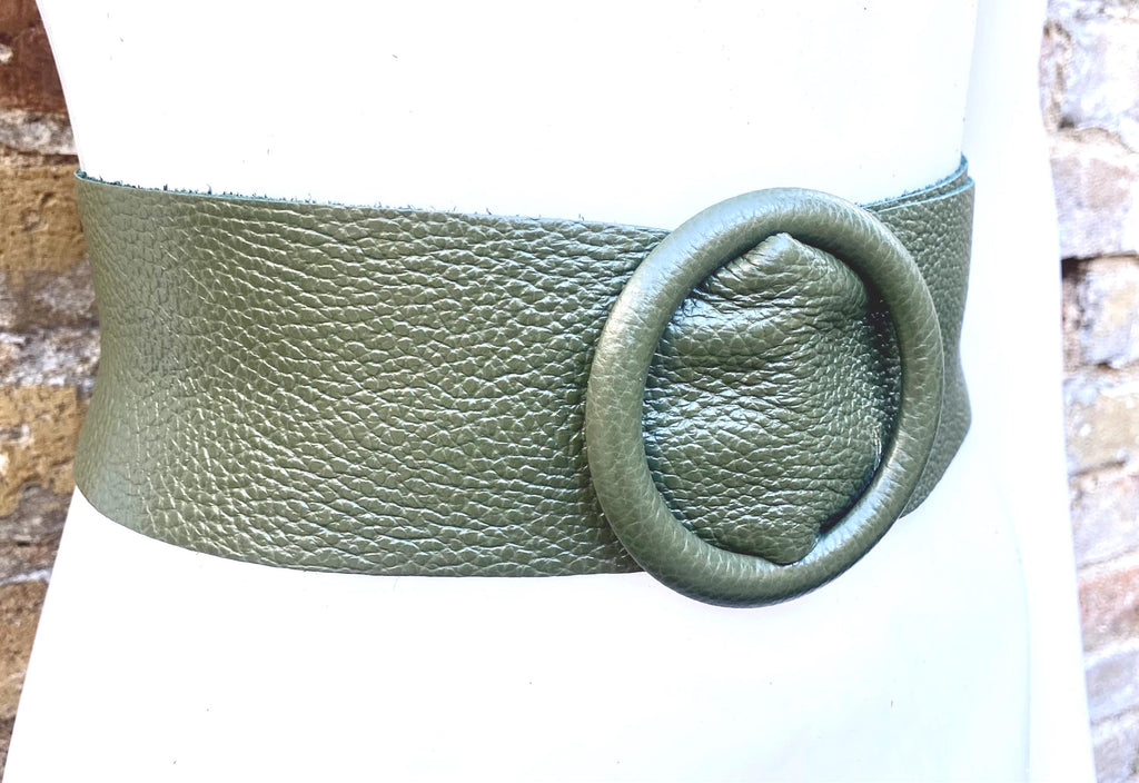 Khaki GREEN leather waist belt with large round buckle. Soft leather belt in dark green. Genuine leather green dress belt. Wide waist belt