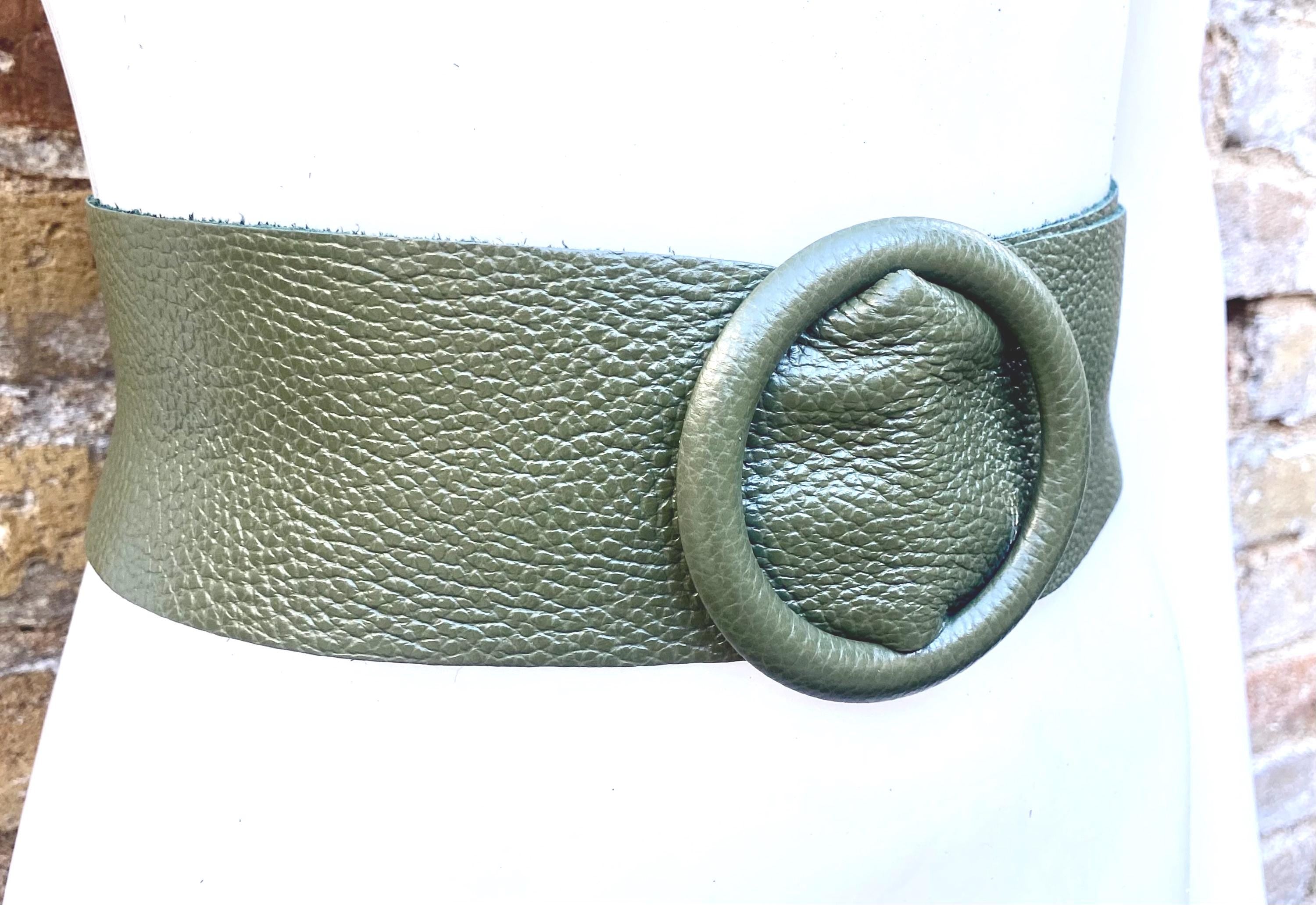 Khaki GREEN leather waist belt with large round buckle. Soft leather belt in dark green. Genuine leather green dress belt. Wide waist belt