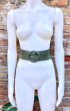 Khaki GREEN leather waist belt with large round buckle. Soft leather belt in dark green. Genuine leather green dress belt. Wide waist belt
