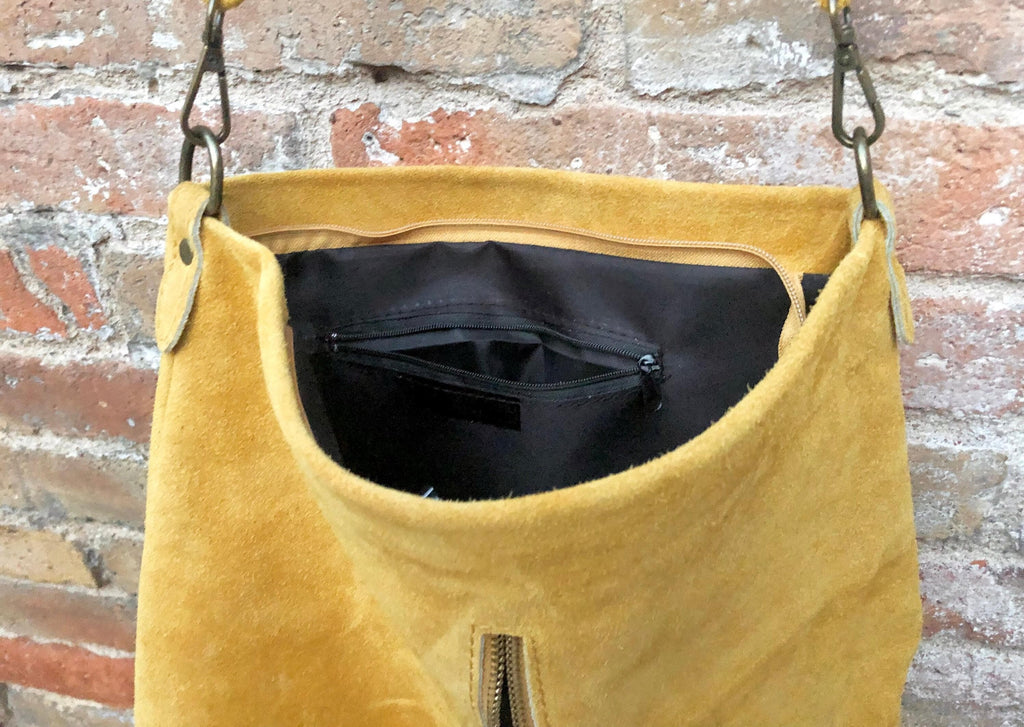 Mustard yellow suede leather bag with embroidered strap. Boho messenger bag. GENUINE LEATHER cross body / shoulder bag. Yellow suede purse