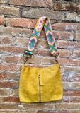 Mustard yellow suede leather bag with embroidered strap. Boho messenger bag. GENUINE LEATHER cross body / shoulder bag. Yellow suede purse