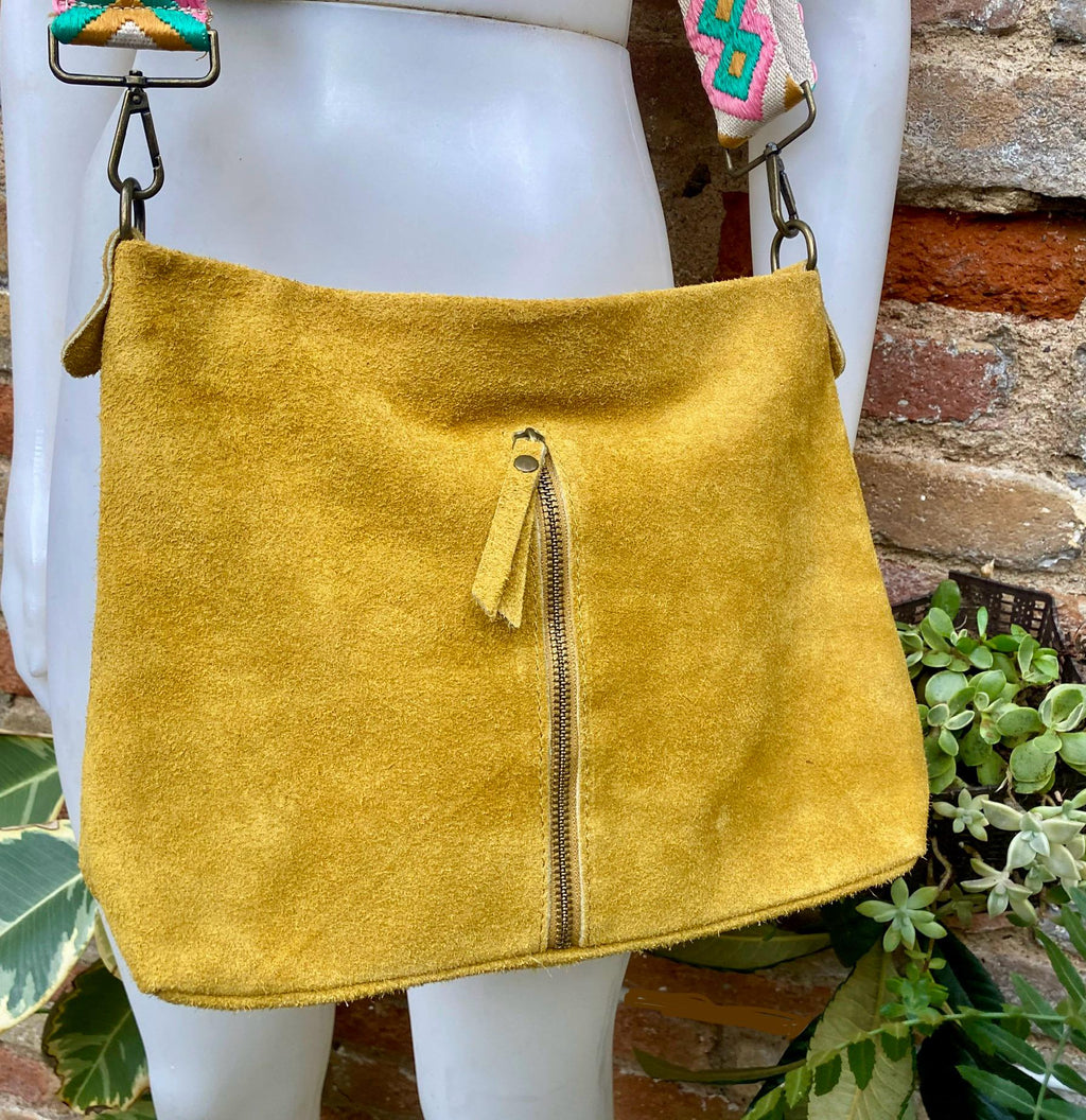 Mustard yellow suede leather bag with embroidered strap. Boho messenger bag. GENUINE LEATHER cross body / shoulder bag. Yellow suede purse