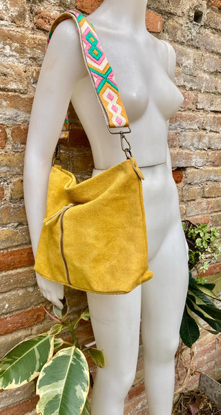 Mustard yellow suede leather bag with embroidered strap. Boho messenger bag. GENUINE LEATHER cross body / shoulder bag. Yellow suede purse