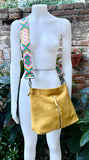 Mustard yellow suede leather bag with embroidered strap. Boho messenger bag. GENUINE LEATHER cross body / shoulder bag. Yellow suede purse