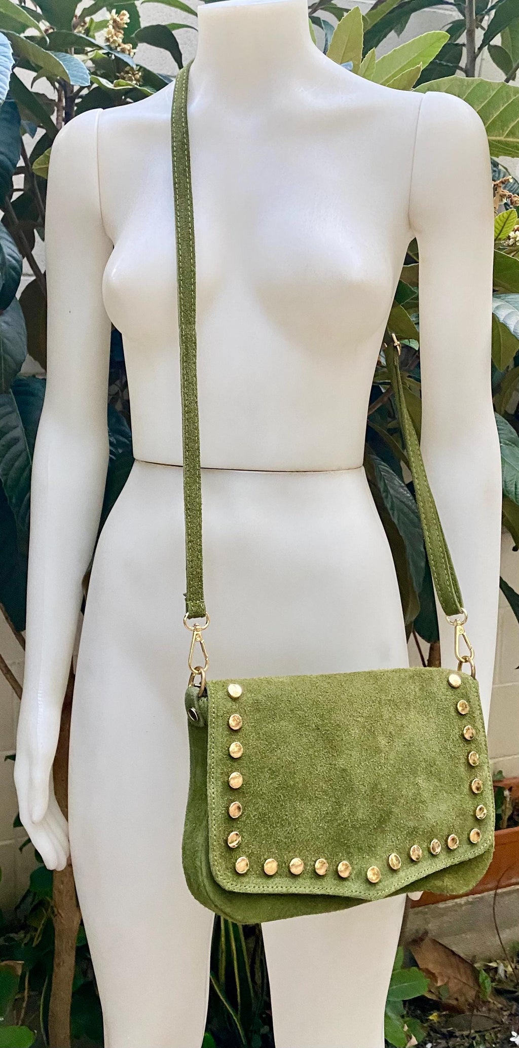 Moss green crossbody / shoulder bag with tacks. BOHO suede leather bag. Green genuine suede leather. Light green and gold suede purse