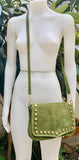 Moss green crossbody / shoulder bag with tacks. BOHO suede leather bag. Green genuine suede leather. Light green and gold suede purse