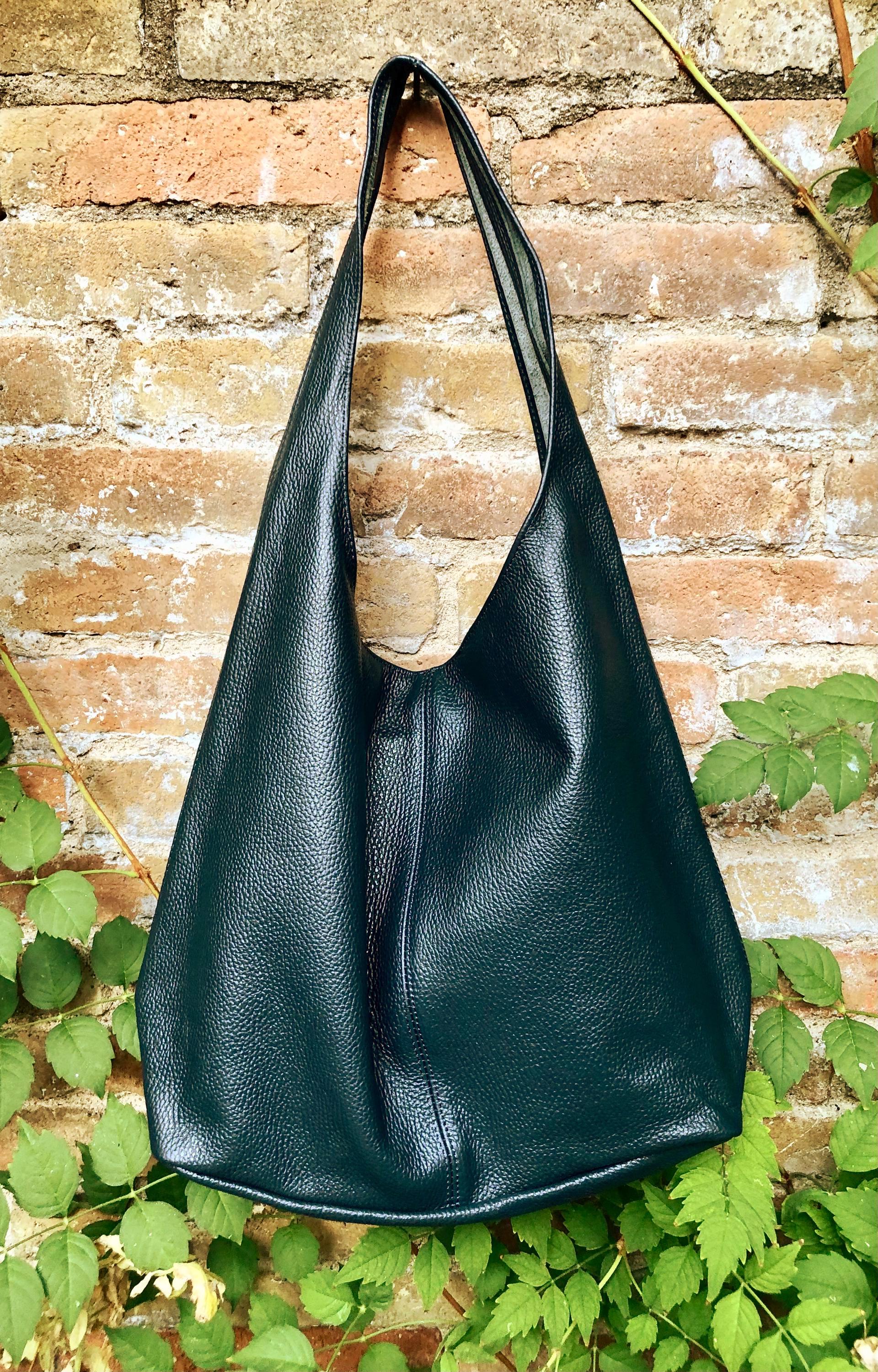 BLACK slouch bag. Black tote leather bag with ZIPPER. Soft genuine leather. Black leather purse. Wide strap leather shoulder bag.