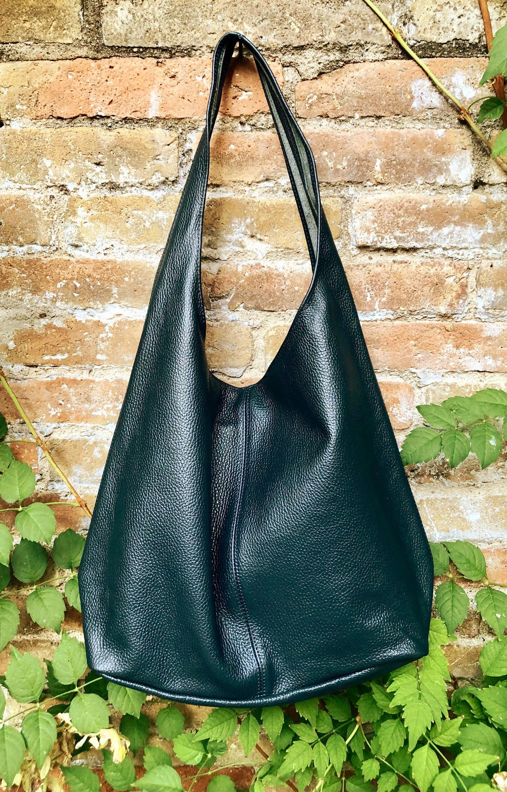 BLACK slouch bag. Black tote leather bag with ZIPPER. Soft genuine leather. Black leather purse. Wide strap leather shoulder bag.