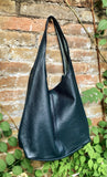 BLACK slouch bag. Black tote leather bag with ZIPPER. Soft genuine leather. Black leather purse. Wide strap leather shoulder bag.