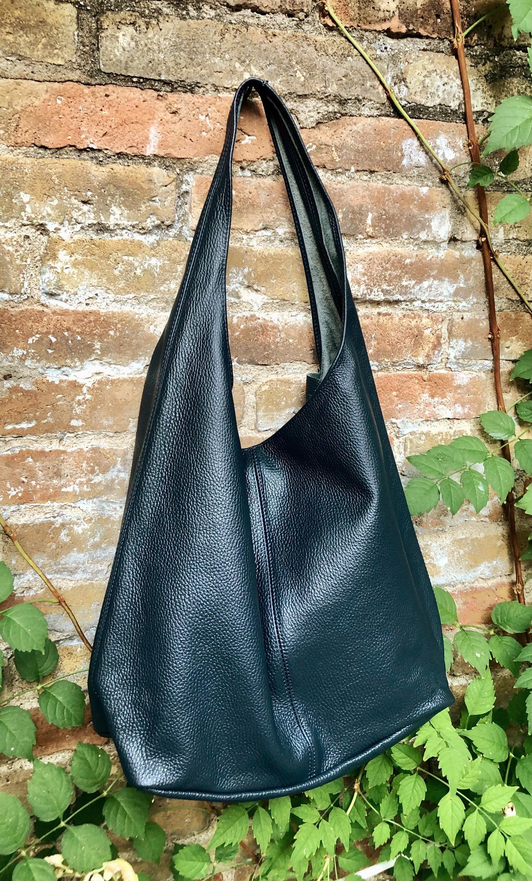 BLACK slouch bag. Black tote leather bag with ZIPPER. Soft genuine leather. Black leather purse. Wide strap leather shoulder bag.