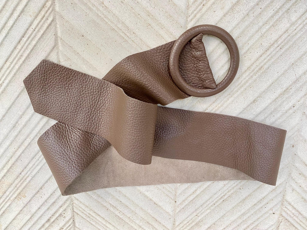 Dark taupe brown leather waist belt with round buckle. Soft leather belt in brown. Genuine leather dress belt. Brown wide waist belt