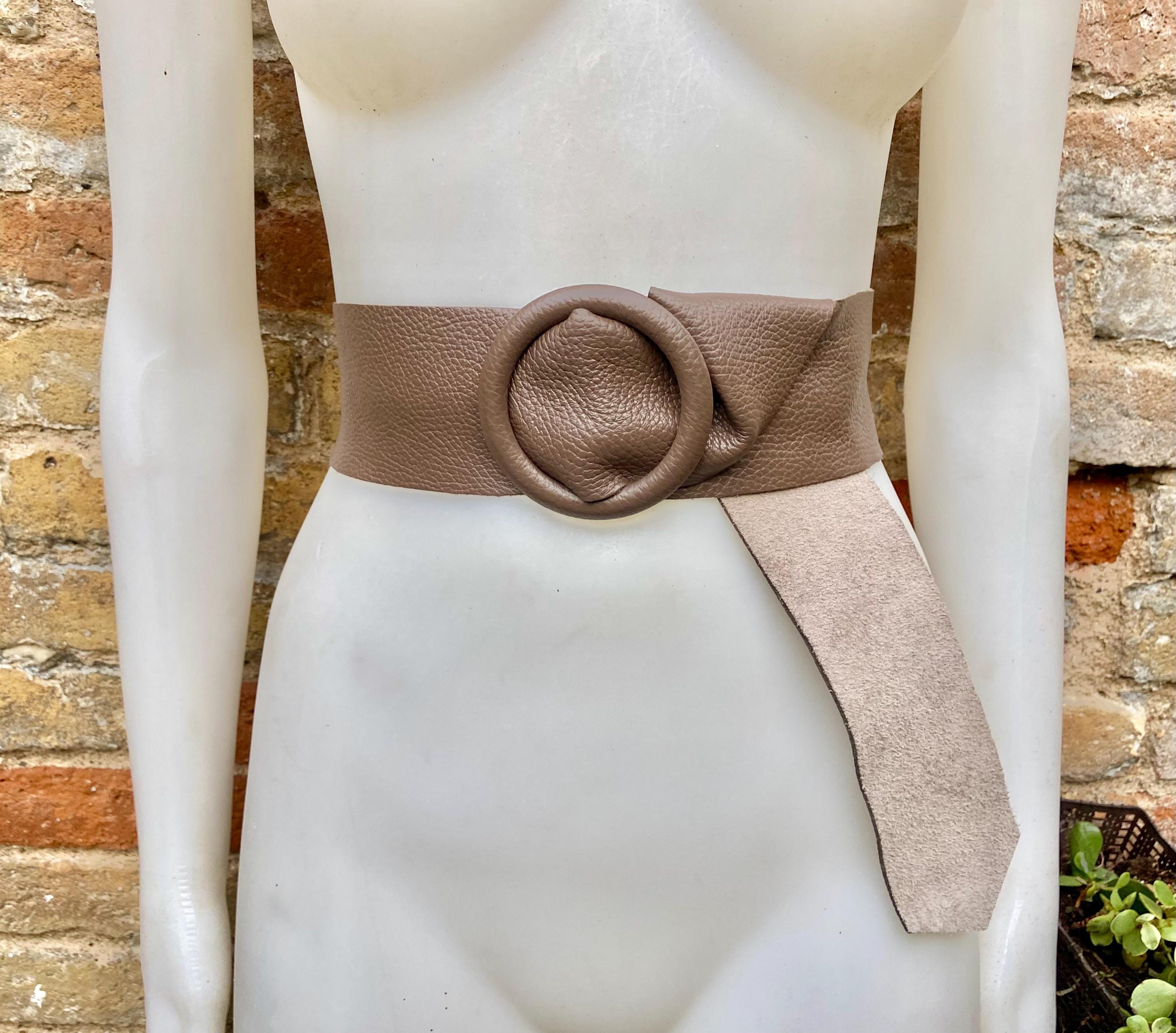 Dark taupe brown leather waist belt with round buckle. Soft leather belt in brown. Genuine leather dress belt. Brown wide waist belt