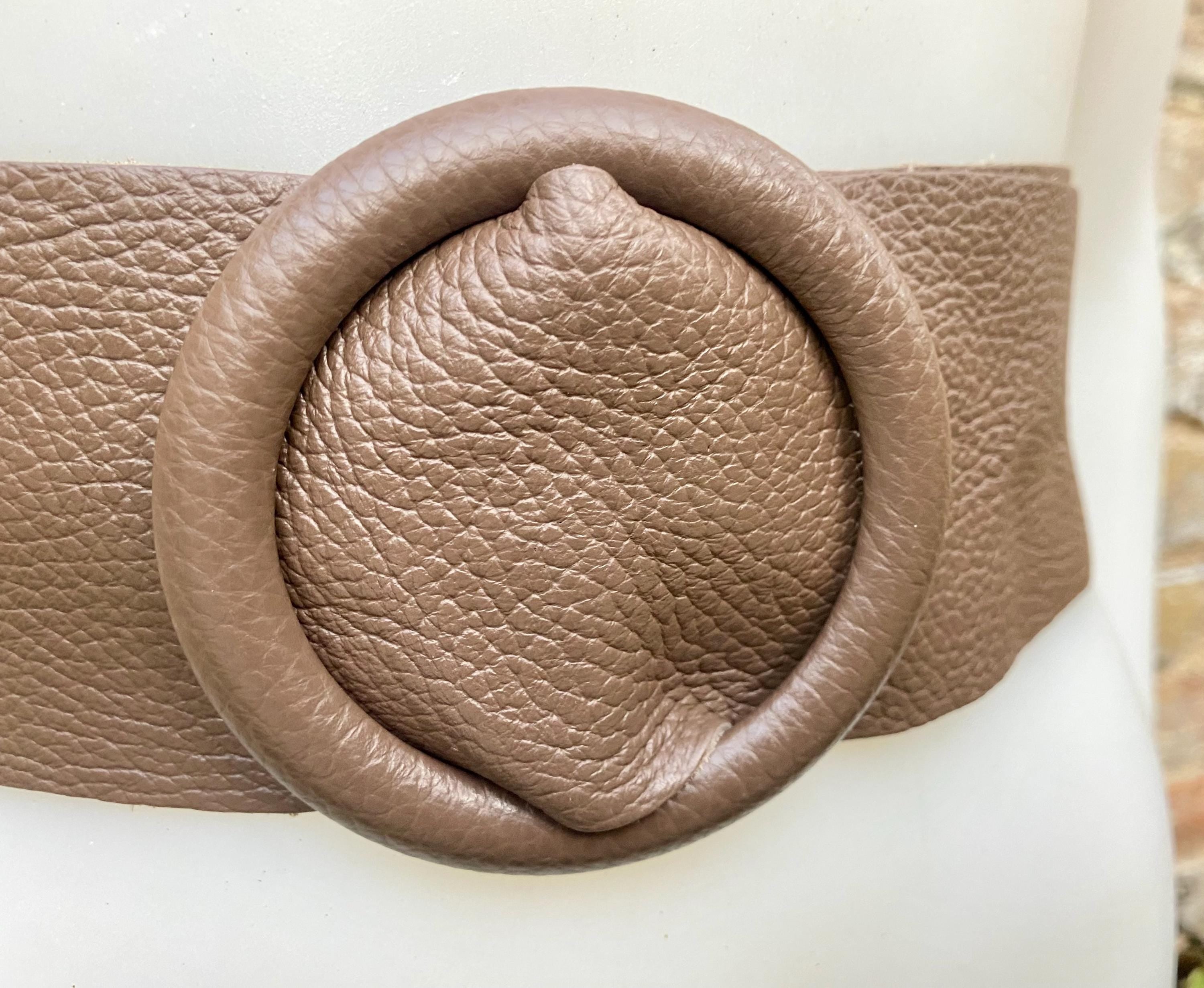 Dark taupe brown leather waist belt with round buckle. Soft leather belt in brown. Genuine leather dress belt. Brown wide waist belt