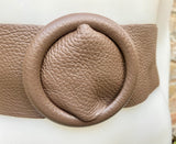 Dark taupe brown leather waist belt with round buckle. Soft leather belt in brown. Genuine leather dress belt. Brown wide waist belt