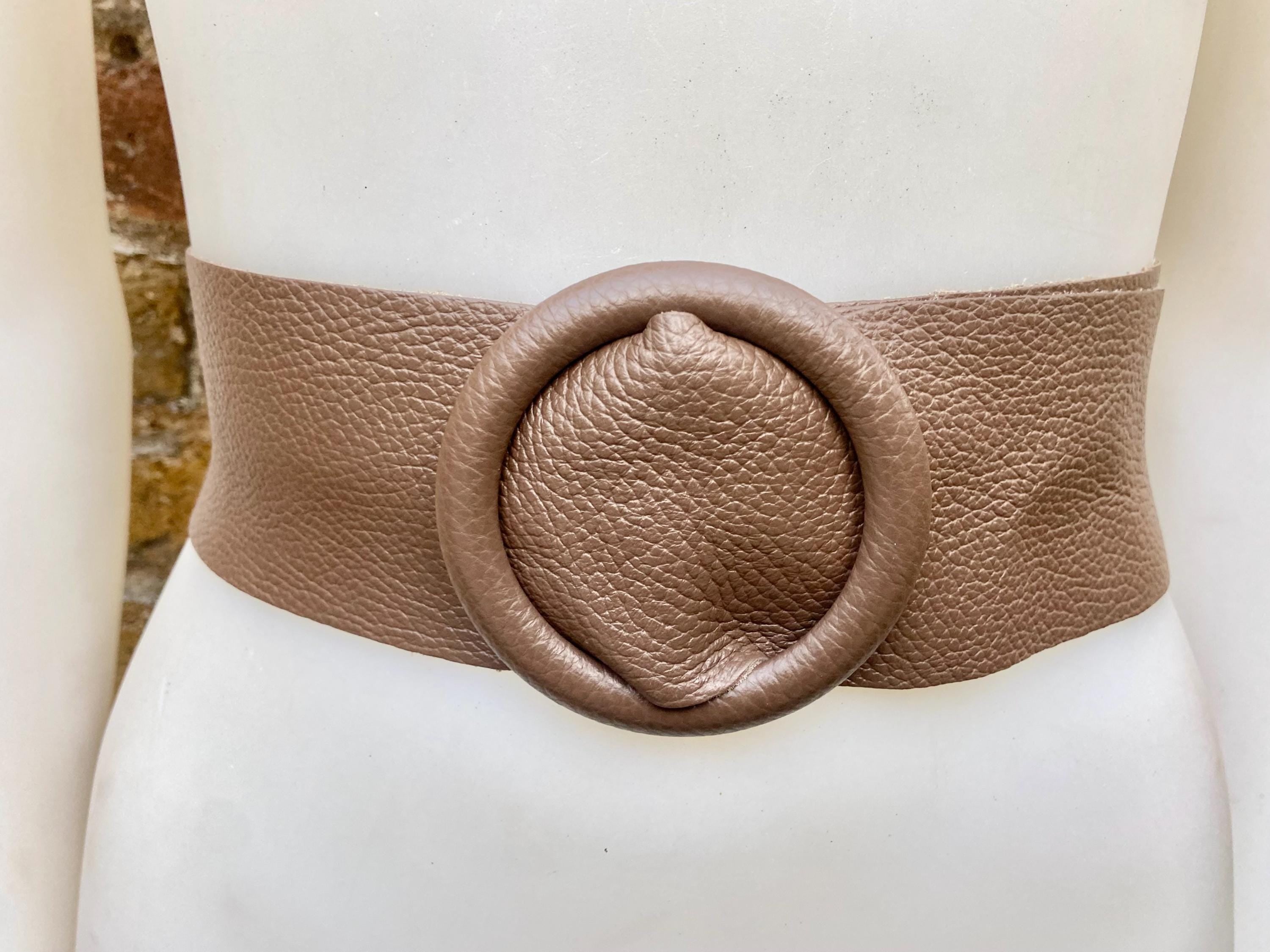 Dark taupe brown leather waist belt with round buckle. Soft leather belt in brown. Genuine leather dress belt. Brown wide waist belt