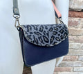Small cheetah print crossbody bag. Genuine leather. Navy blue enveloppe bag. Animal print flap. Boho multicolor leopard blue purse.
