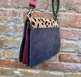 Small cheetah print crossbody bag. Genuine leather. Black enveloppe bag. Animal print flap. Boho multicolor leopard black +beige purse.