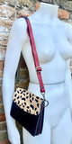 Small cheetah print crossbody bag. Genuine leather. Black enveloppe bag. Animal print flap. Boho multicolor leopard black +beige purse.