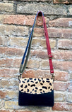 Small cheetah print crossbody bag. Genuine leather. Black enveloppe bag. Animal print flap. Boho multicolor leopard black +beige purse.