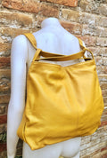 YELLOW genuine leather rucksack/ shoulder bag / crossbody. Yellow genuine leather shopper. Green carry all backpack for laptops, tablets...