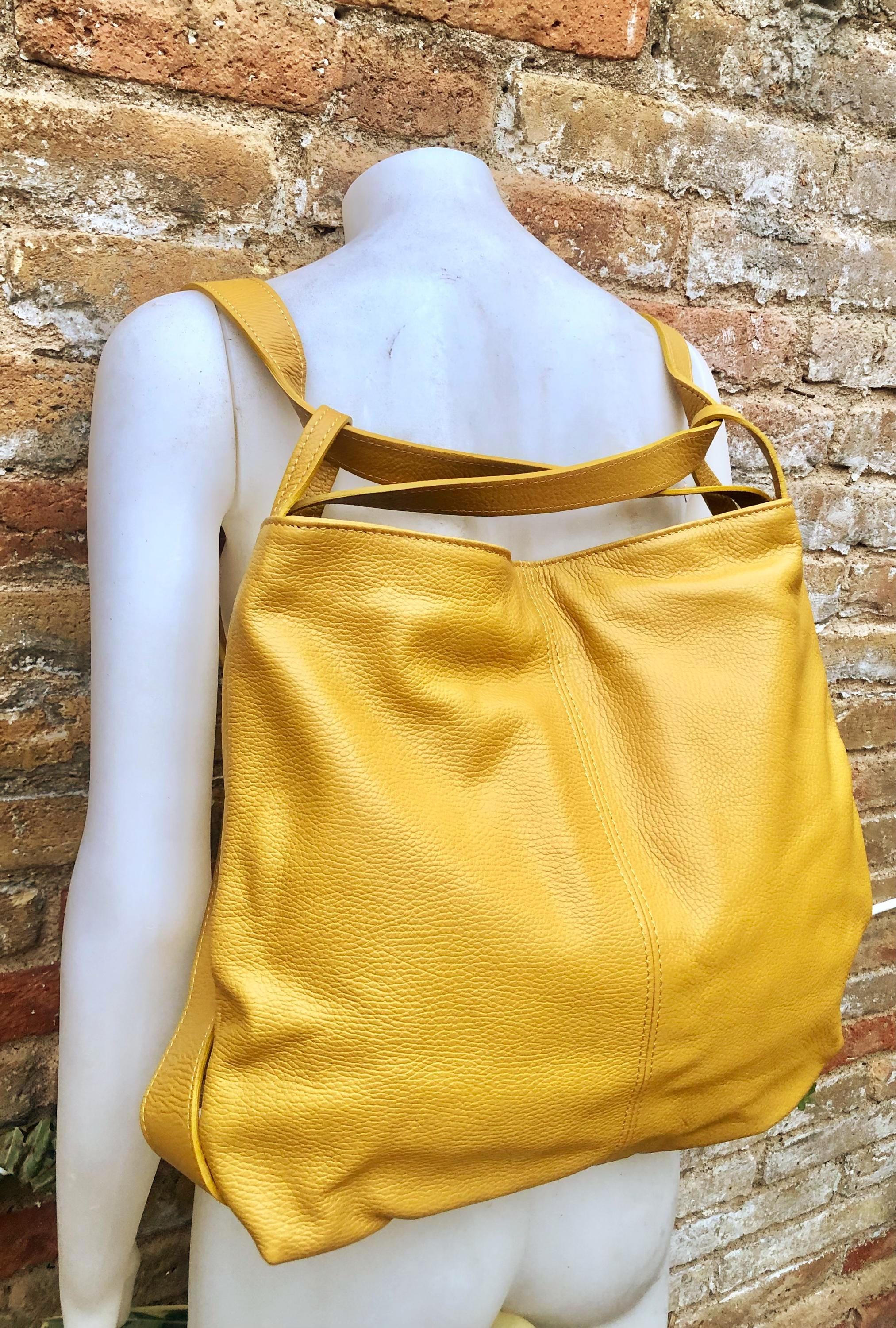 YELLOW genuine leather rucksack/ shoulder bag / crossbody. Yellow genuine leather shopper. Green carry all backpack for laptops, tablets...
