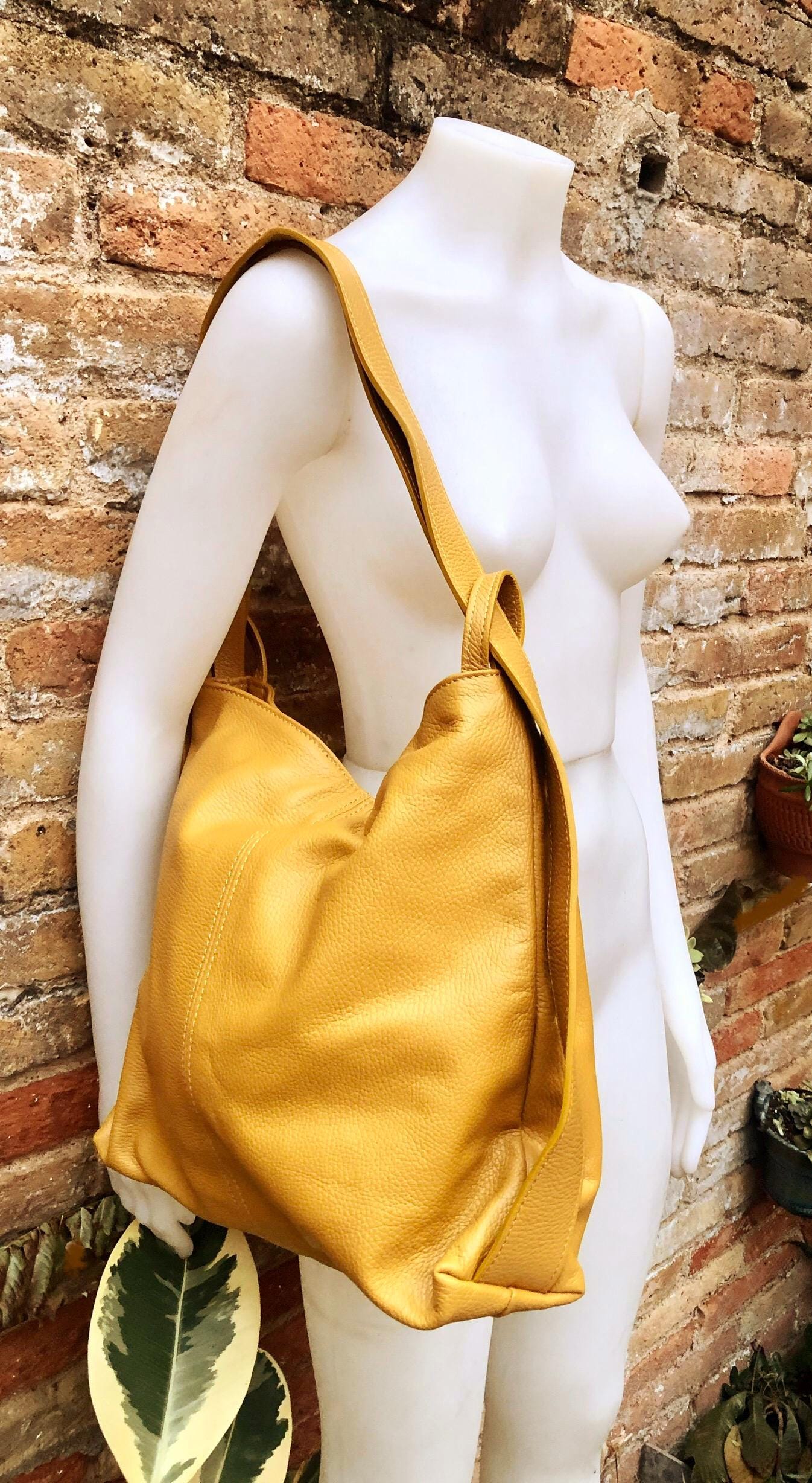 YELLOW genuine leather rucksack/ shoulder bag / crossbody. Yellow genuine leather shopper. Green carry all backpack for laptops, tablets...