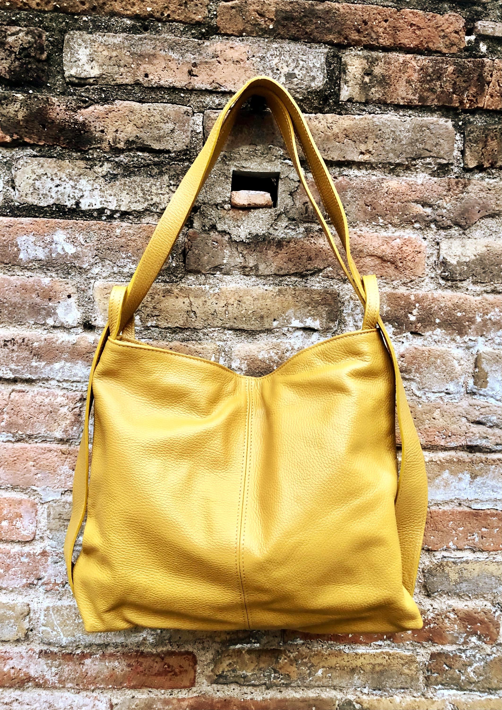 YELLOW genuine leather rucksack/ shoulder bag / crossbody. Yellow genuine leather shopper. Green carry all backpack for laptops, tablets...