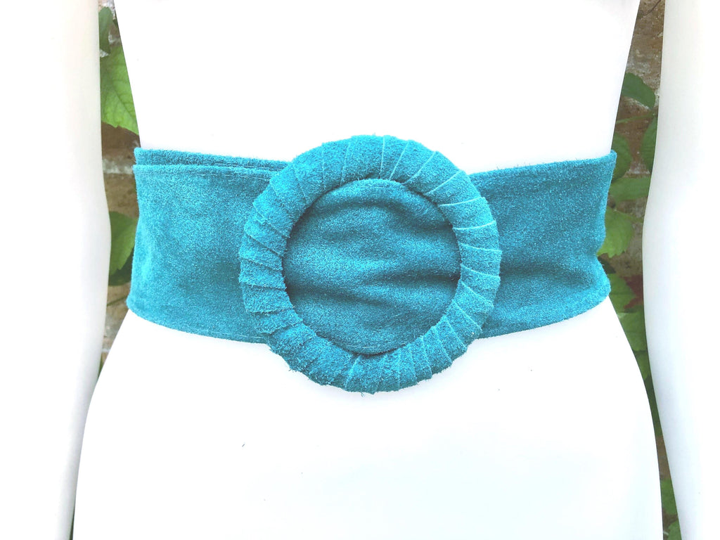 Turquoise suede waist belt with large round buckle.Boho soft suede belt in a light blue shade. Genuine natural blue suede leather