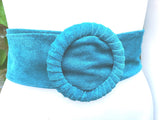 Turquoise suede waist belt with large round buckle.Boho soft suede belt in a light blue shade. Genuine natural blue suede leather