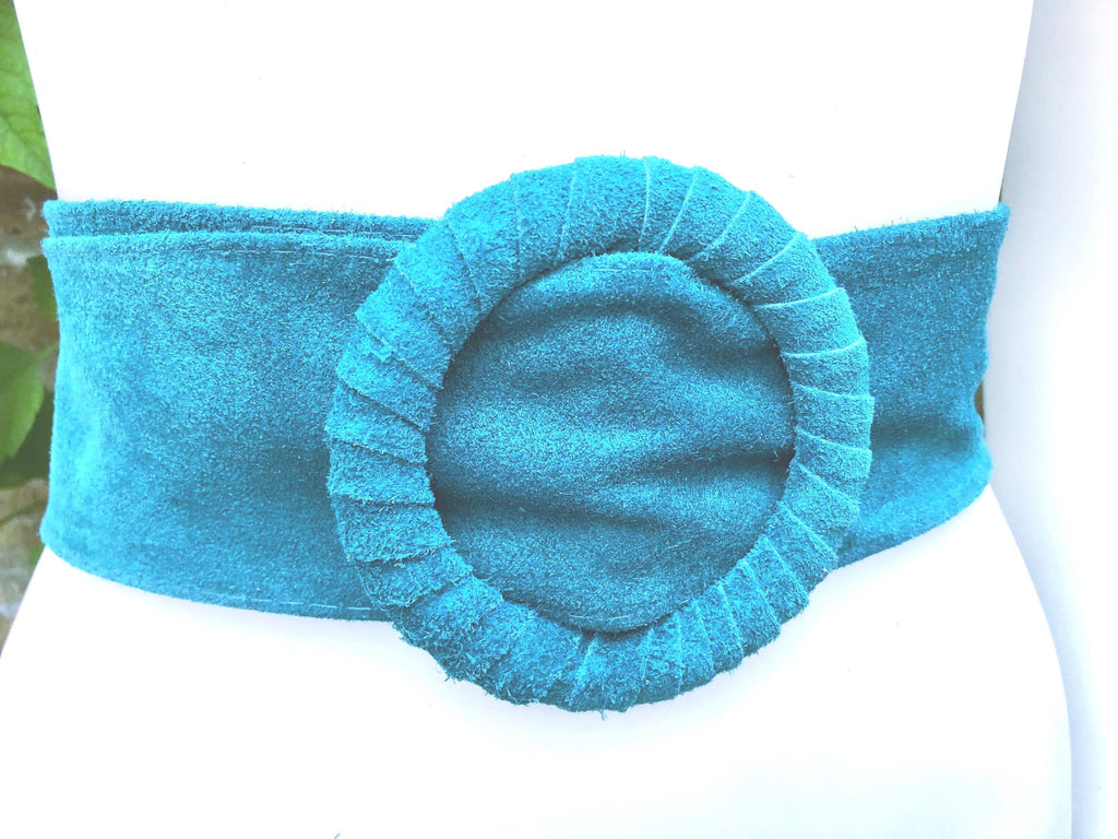 Turquoise suede waist belt with large round buckle.Boho soft suede belt in a light blue shade. Genuine natural blue suede leather