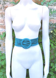 Turquoise suede waist belt with large round buckle.Boho soft suede belt in a light blue shade. Genuine natural blue suede leather