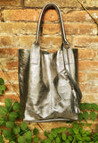 Shoulder leather bag in BRONZE. GENUINE leather shopper bag. Large carry all bag for your laptop, books. Metallic BRONZE leather purse