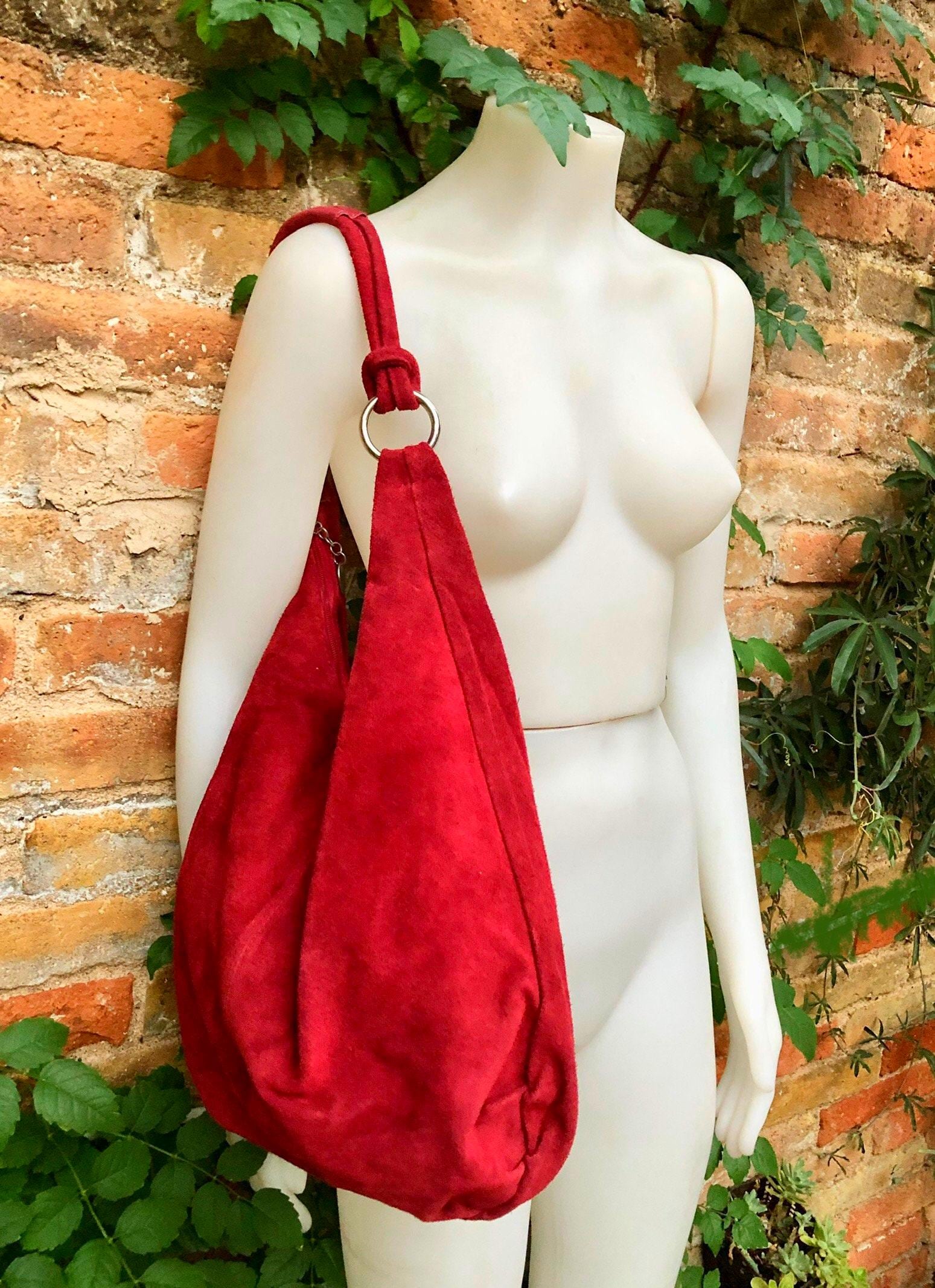 RED suede slouchy bag with ZIPPER + lining. Soft natural suede shopper, genuine leather bag. RED suede purse . Hobo suede bag