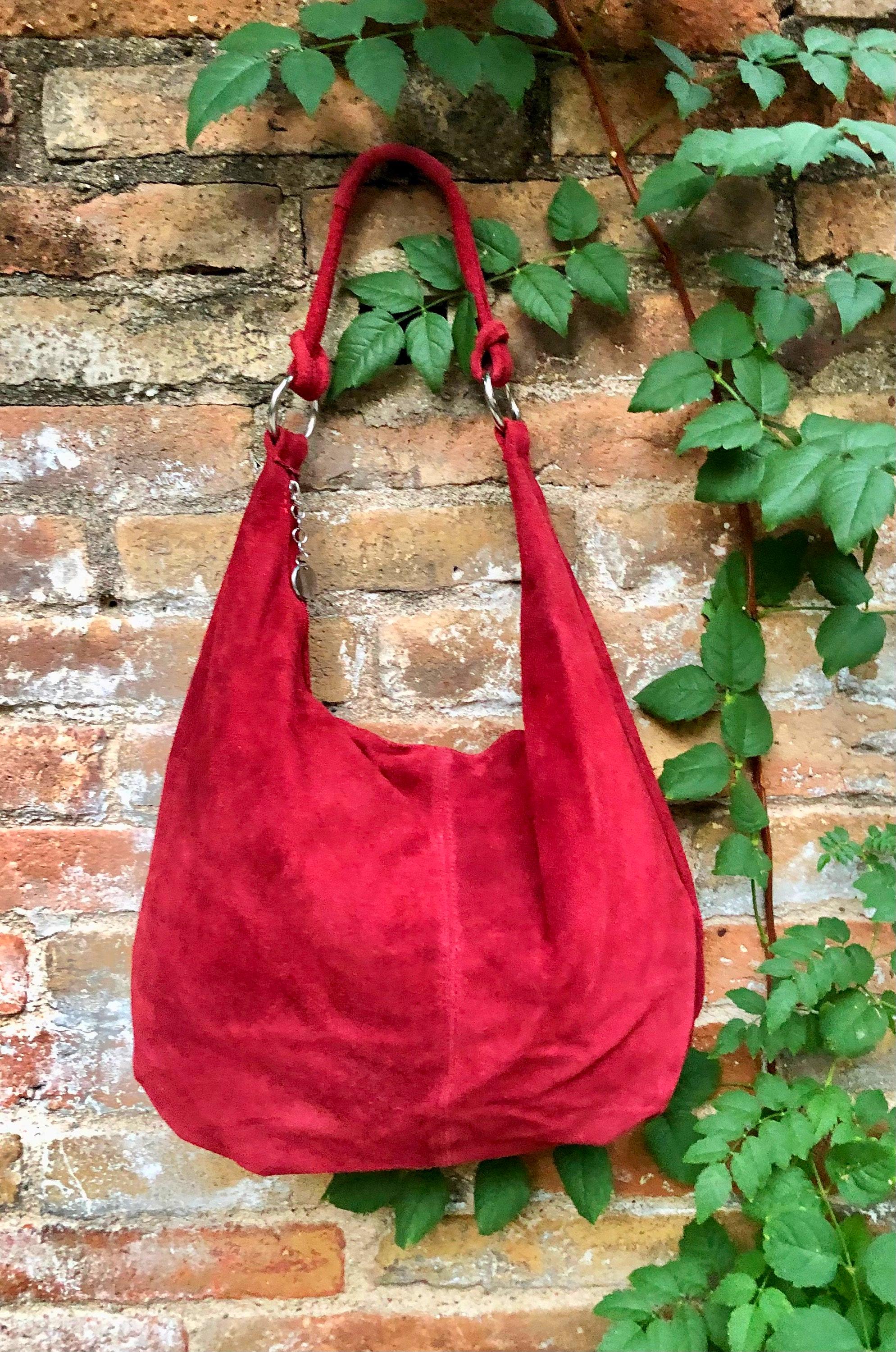 RED suede slouchy bag with ZIPPER + lining. Soft natural suede shopper, genuine leather bag. RED suede purse . Hobo suede bag