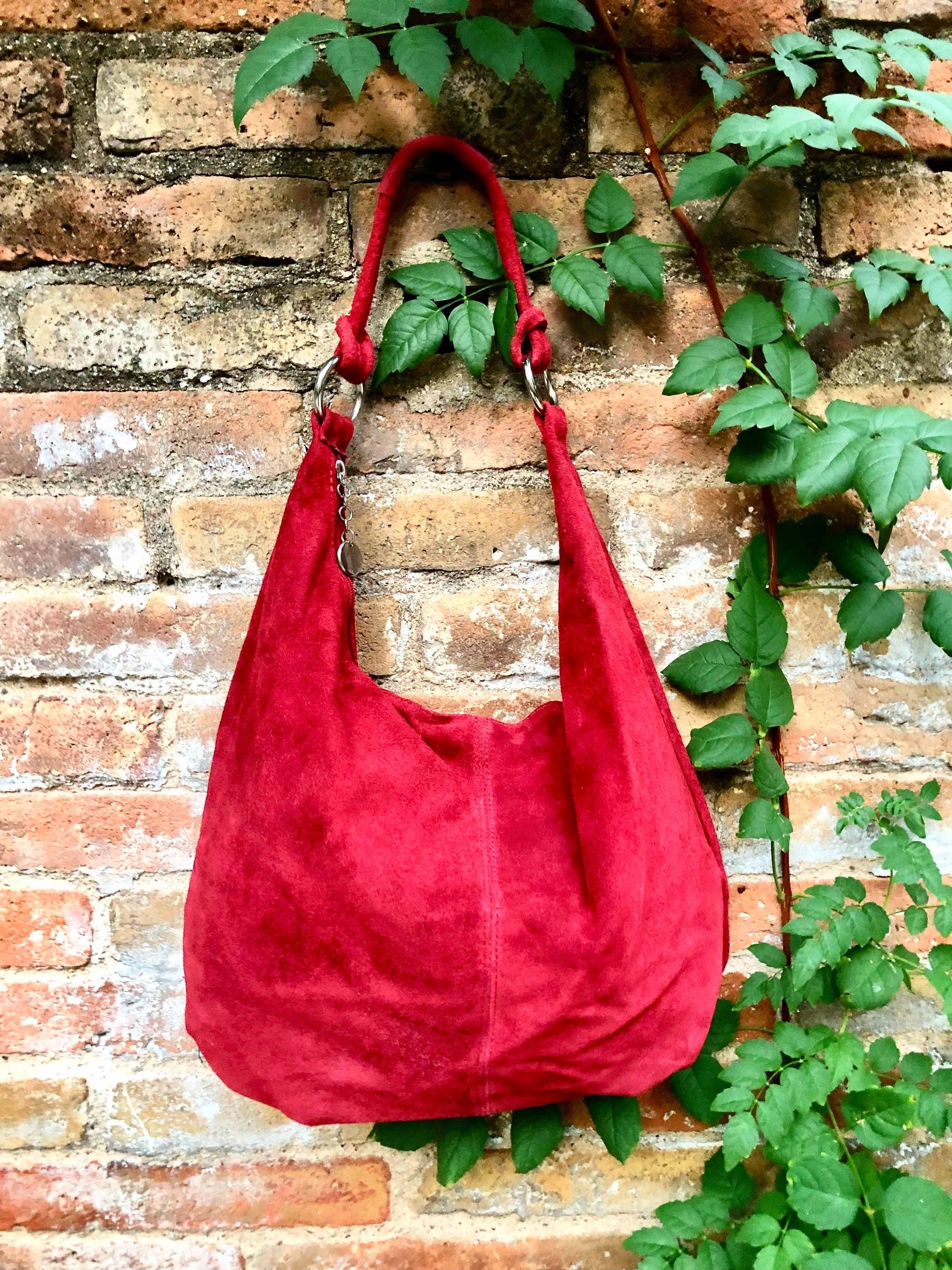 RED suede slouchy bag with ZIPPER + lining. Soft natural suede shopper, genuine leather bag. RED suede purse . Hobo suede bag