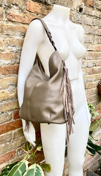 Taupe brown crossbody / shoulder bag. Tan boho FRINGED genuine leather bag. Messenger bag with fringes. Greyge leather hobo purse + 2 straps
