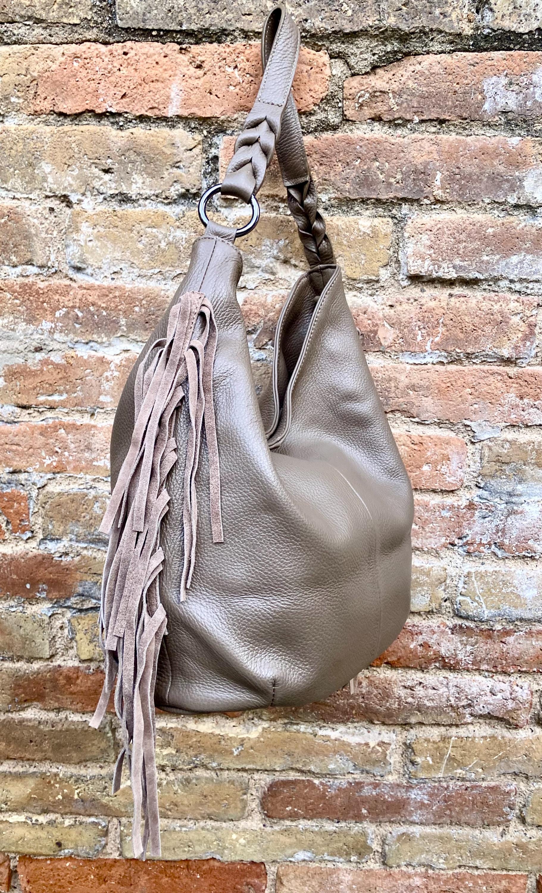 Taupe brown crossbody / shoulder bag. Tan boho FRINGED genuine leather bag. Messenger bag with fringes. Greyge leather hobo purse + 2 straps