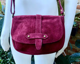 Burgundy suede bag. Genuine leather dark red crossbody bag. Wine red small leather bag. Adjustable strap + zipper. Red suede purse